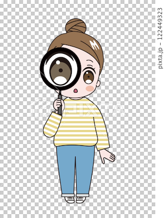 An illustration of a young cute woman wearing a striped shirt with her hair in a bun, surprised to discover something with a magnifying glass An illustration of a young cute woman wearing a striped shirt with her hair in a bun, surprised to discover something with a magnifying glass 122449323