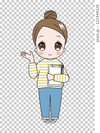 A young cute woman wearing a striped shirt with her hair in a bun, holding a binder and making a please pose with her right hand A young cute woman wearing a striped shirt with her hair in a bun, holding a binder and making a please pose with her right hand 122449326