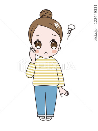 モヤモヤと悩んでいるおだんごヘアでボーダーシャツを着た若いかわいい女性のイラスト モヤモヤと悩んでいるおだんごヘアでボーダーシャツを着た若いかわいい女性のイラスト 122449331