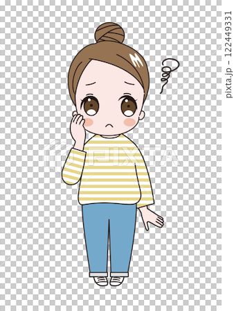 An illustration of a young cute woman wearing a striped shirt with her hair in a bun, worried about her mood An illustration of a young cute woman wearing a striped shirt with her hair in a bun, worried about her mood 122449331