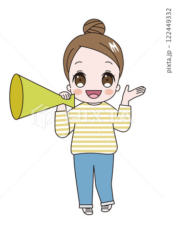 メガホンを持って大きな声を出しているおだんごヘアでボーダーシャツを着た若いかわいい女性のイラスト 122449332
