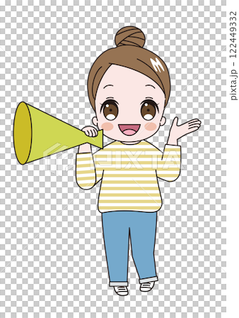 一位年輕可愛的女子穿著條紋襯衫,梳著髮髻,手裡拿著擴音器大聲喊叫 一位年輕可愛的女子穿著條紋襯衫,梳著髮髻,手裡拿著擴音器大聲喊叫 122449332