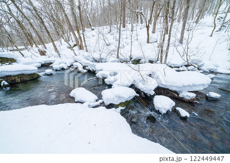 「青森県」雪景色の奥入瀬渓流　冬 122449447