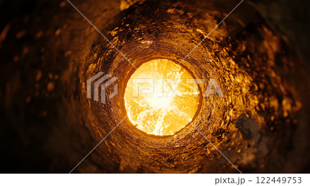 溶鉱炉の中でオレンジ色に輝く高温で溶けた鉄をパイプから覗き込むアングルでリアルに描いたAI生成画像 溶鉱炉の中でオレンジ色に輝く高温で溶けた鉄をパイプから覗き込むアングルでリアルに描いたAI生成画像 122449753