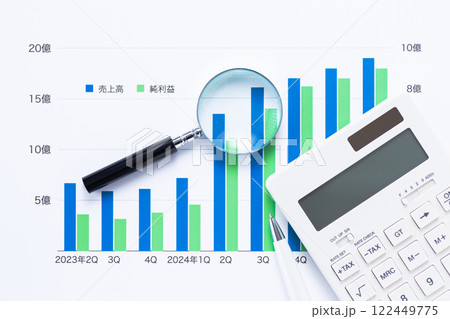 会社の業績グラフと電卓とルーペ 122449775