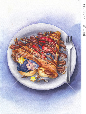 Cute brunette girl with a star hair clip snoozes in a sweet pancake 122449833