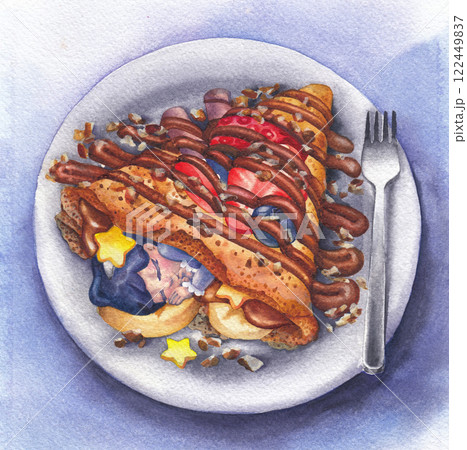 Cute brunette girl with a star hair clip snoozes in a sweet pancake Cute brunette girl with a star hair clip snoozes in a sweet pancake 122449837