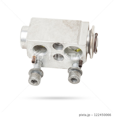 Car air conditioner valve for adjusting the pressure in the climate control system on a white isolated background. Spare parts catalog. Car air conditioner valve for adjusting the pressure in the climate control system on a white isolated background. Spare parts catalog. 122450066