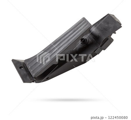Gas pedal on a white isolated background in a photo studio for sale in a car service. Black auto part for replacement during repair in the workshop. Spare part junkyard. Gas pedal on a white isolated background in a photo studio for sale in a car service. Black auto part for replacement during repair in the workshop. Spare part junkyard. 122450080