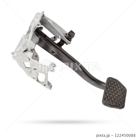 Brake pedal on a white isolated background in a photo studio for sale in a car service. Black auto part for replacement during repair in the workshop. Spare part junkyard. 122450088