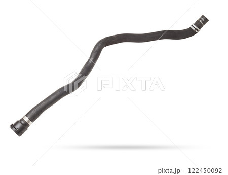 Black plastic hose of the car engine cooling system on a white isolated background in a photo studio for replacement during repair or for a catalog of spare parts for sale on auto disassembly. Black plastic hose of the car engine cooling system on a white isolated background in a photo studio for replacement during repair or for a catalog of spare parts for sale on auto disassembly. 122450092