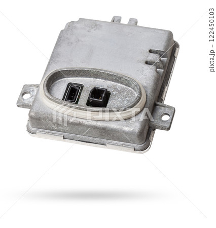Spare part metall car engine control unit with metal elements on a white isolated background is the connecting center subsystems, units and assemblies. Rear view of the electronic xenon ignition unit Spare part metall car engine control unit with metal elements on a white isolated background is the connecting center subsystems, units and assemblies. Rear view of the electronic xenon ignition unit 122450103