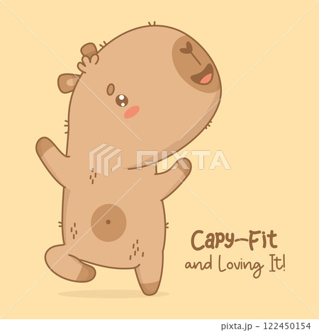 Adorable Capybara Athlete is engaged in fitness. Funny cartoon kawaii character animal sportsman yogi with motivational quote. Vector illustration. Kids collection 122450154