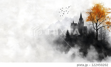 Neuschwanstein castle emerging from foggy forest in autumn 122450202