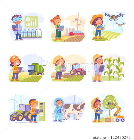Farming Technology with Farmer Managing Farm with Mobile App on Tablet Vector Set 122450273