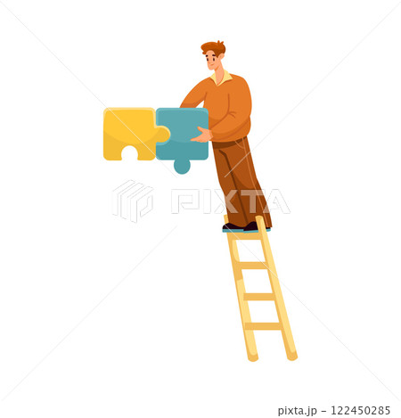 Man Team Member Character Hold Jigsaw Puzzle on Ladder Vector Illustration Man Team Member Character Hold Jigsaw Puzzle on Ladder Vector Illustration 122450285
