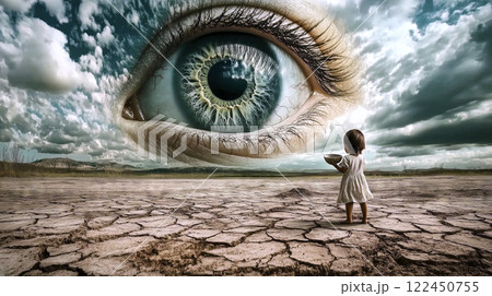 Poor girl holding empty bowl under giant eye in desert land 122450755