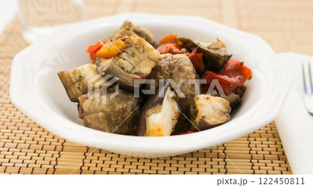 Dish of vegetable stew. stewed eggplant, minced meat, carrots, peppers, onion squid Dish of vegetable stew. stewed eggplant, minced meat, carrots, peppers, onion squid 122450811