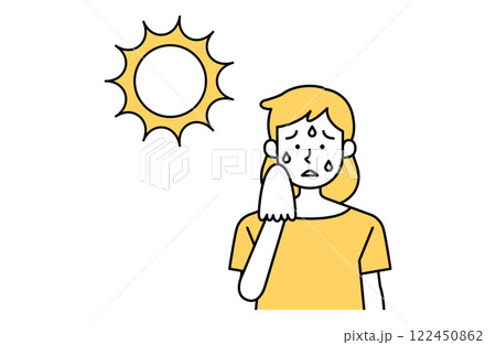 炎天下で汗をかく女性のベクターイラスト 熱中症予防 太陽 日光 シンプル かわいい 夏バテ 122450862