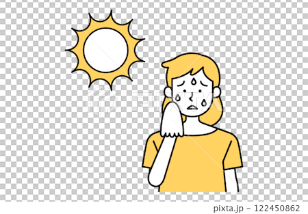 炎天下で汗をかく女性のベクターイラスト 熱中症予防 太陽 日光 シンプル かわいい 夏バテ 122450862
