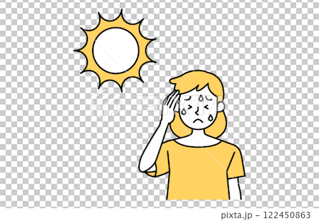 Vector illustration of a woman suffering from a headache in the hot sun. Heat stroke prevention, sun, sunlight, simple, cute, summer fatigue 122450863