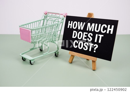 How much does it cost? text message and trolley shopping cart on green background How much does it cost? text message and trolley shopping cart on green background 122450902