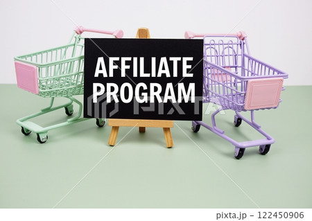 Affiliate Program text message and trolley shopping cart on green background Affiliate Program text message and trolley shopping cart on green background 122450906