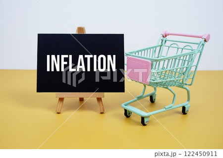 Inflation text message and trolley shopping cart on yellow background Inflation text message and trolley shopping cart on yellow background 122450911