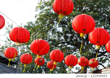 Spring festival, Lunar or Chinese new year lanterns decorated over street in old town, Thailand. The letters mean Luck, Congratulations, Blessing and Happiness Spring festival, Lunar or Chinese new year lanterns decorated over street in old town, Thailand. The letters mean Luck, Congratulations, Blessing and Happiness 122450935