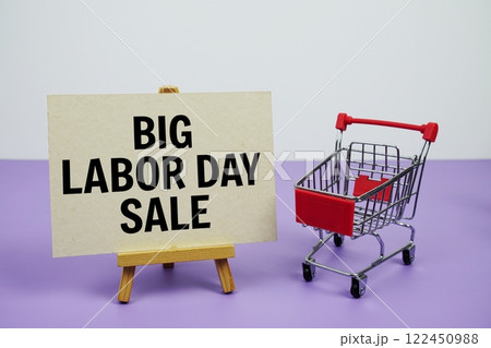 Big Labor day sale text message and trolley shopping cart on purple background 122450988