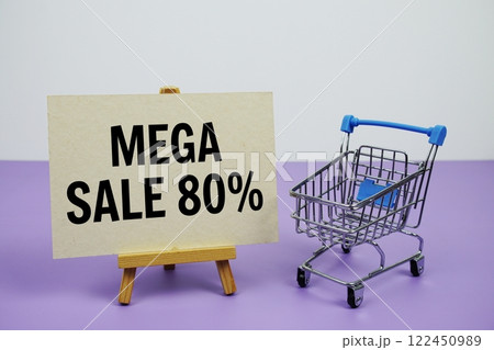 Mega Sale 80% text message and trolley shopping cart on purple background 122450989