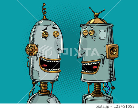 Communication interaction of robots with each other. Development of AI in vintage style. Cyborg friends laugh together. Communication interaction of robots with each other. Development of AI in vintage style. Cyborg friends laugh together. 122451055