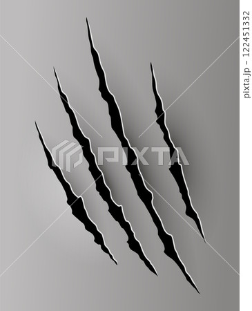 Bear or tiger claw mark. Scratches and torn traces of vector animal paw slashes. Hole in sheet of paper with torn edges. Vector illustration 122451332