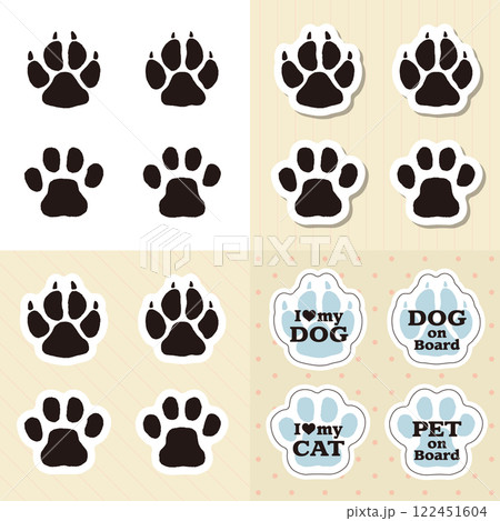 猫と犬の足跡の手描きイラストセット　ステッカー　シール　白フチ 122451604
