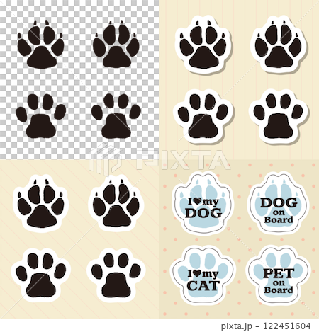 猫と犬の足跡の手描きイラストセット　ステッカー　シール　白フチ 122451604