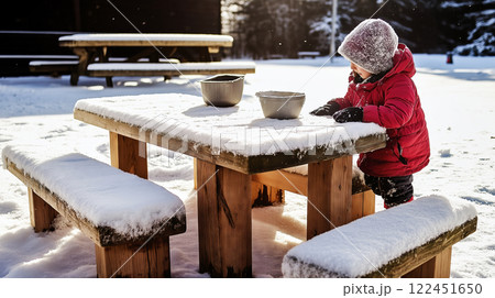 Child playing with snow on a picnic table in winter Child playing with snow on a picnic table in winter 122451650