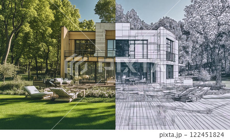 Modern house exterior transitioning from blueprint to reality, showcasing architectural visualization Modern house exterior transitioning from blueprint to reality, showcasing architectural visualization 122451824