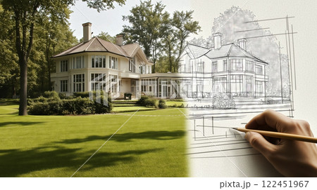 Architect drawing a modern house project on a paper Architect drawing a modern house project on a paper 122451967