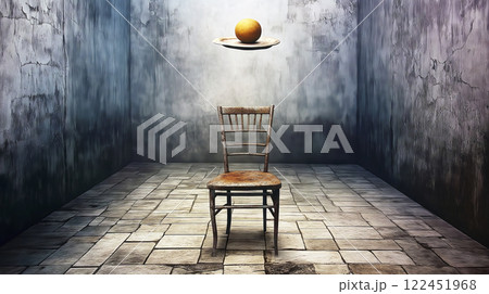Old chair and levitating orange fruit on dish in empty room 122451968