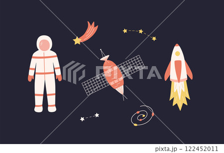 Cosmos doodle is a set of vector illustrations. Icons of space elements rocket cosmonaut stars satellite comet. 122452011