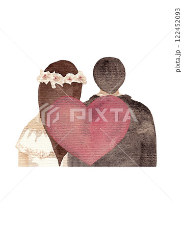 Loving couple. Coral watercolor heart. Portrait of the bride and groom. Rear view. Festive plot on textured paper for your design. Ideal for Valentine's Day or wedding decor Loving couple. Coral watercolor heart. Portrait of the bride and groom. Rear view. Festive plot on textured paper for your design. Ideal for Valentine's Day or wedding decor 122452093