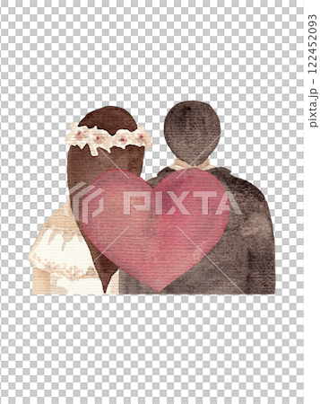 Loving couple. Coral watercolor heart. Portrait of the bride and groom. Rear view. Festive plot on textured paper for your design. Ideal for Valentine's Day or wedding decor 122452093