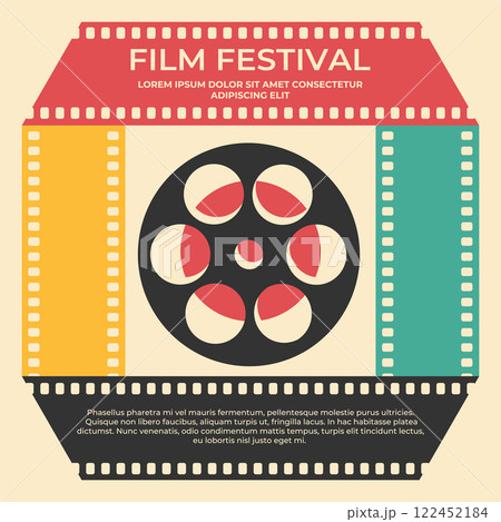 Vintage film festival poster design with a filmstrip square colorful frame. Minimalist movie poster in retro style. Vector illustration Vintage film festival poster design with a filmstrip square colorful frame. Minimalist movie poster in retro style. Vector illustration 122452184