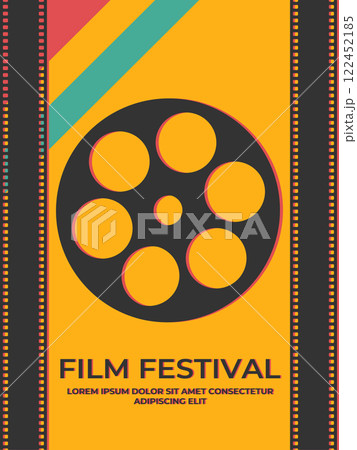 Vintage film festival poster design with a film reel silhouette and filmstrips. Minimalist movie poster in retro style. Vector illustration 122452185