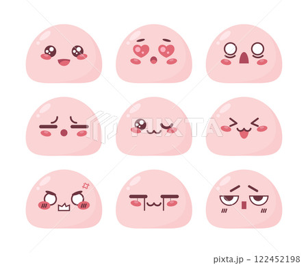 Cute mochi character manga emoji set. Japanese sweet rice cake cartoon mascot emoji icons. Vector illustration 122452198
