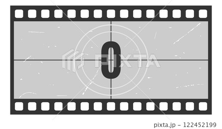 Vintage movie countdown filmstrip frame with number 0. Old movie timer counter in filmstrip. Retro cinema vector number count background with grunge texture 122452199