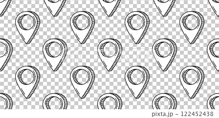 A seamless pattern featuring hand-drawn doodle-style location pins arranged on a white background. Ideal for design projects, maps, travel themes, and creative applications. 122452438