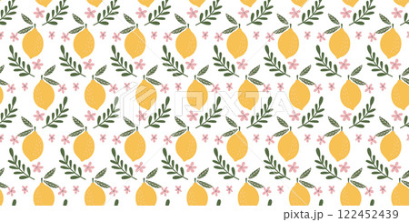 Charming Seamless Lemon and Floral Pattern with Pink Flowers and Green Leaves on White Background for Elegant Decorative and Textile Designs 122452439