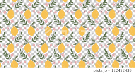 Charming Seamless Lemon and Floral Pattern with Pink Flowers and Green Leaves on White Background for Elegant Decorative and Textile Designs 122452439