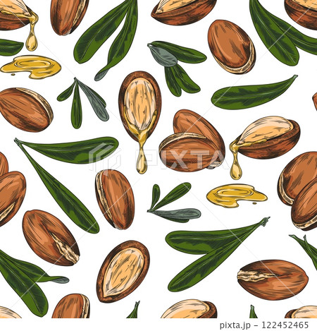 Vector watercolor illustration of seamless wallpaper with argan tree fruits, leaves and oil. 122452465